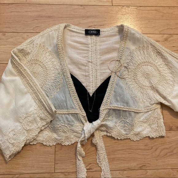 Boho Tie Front Embroidered Top Cider - Picture 5 of 6